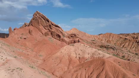 aerial orbit around hiker on ridge in fairytale canyon skazka, kyrgyzstan, with focus on its intricate rock formations and rugged terrain