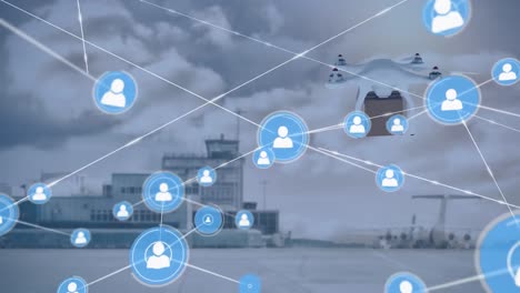 Animation-of-network-of-connections-over-drone-with-parcel-over-airport