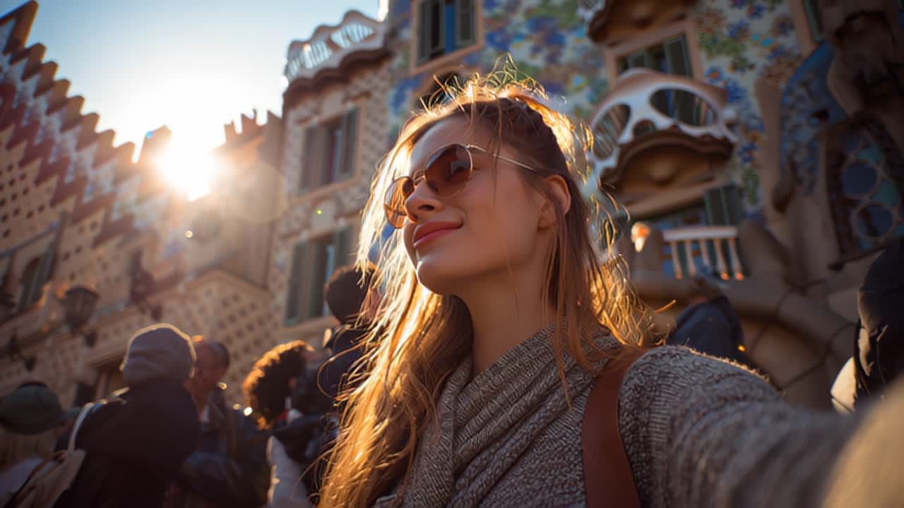 Donna turista sorridente con occhiali da sole che registra un video selfie con la folla sullo sfondo, retroilluminata dal sole davanti alla facciata modernista di Casa Batlló, a Barcellona, Spagna.