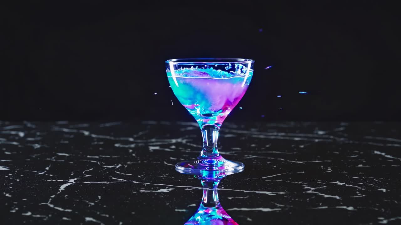 Salpicadura de líquido rosa neón y azul en copa de vino