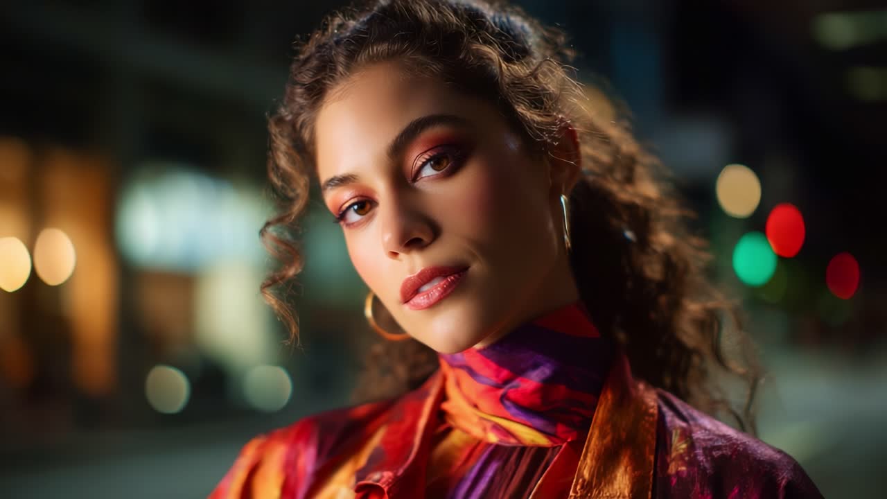 A stunning portrait showcasing a young woman with curly hair, vibrant makeup, and a colorful outfit, illuminated by city lights at night, radiating confidence