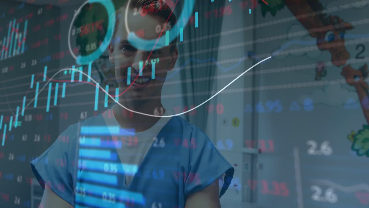Animation of financial data processing over smiling caucasian male doctor