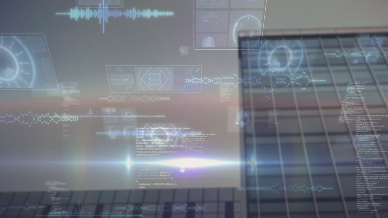 Animation of financial data processing over cityscape with modern office buildings