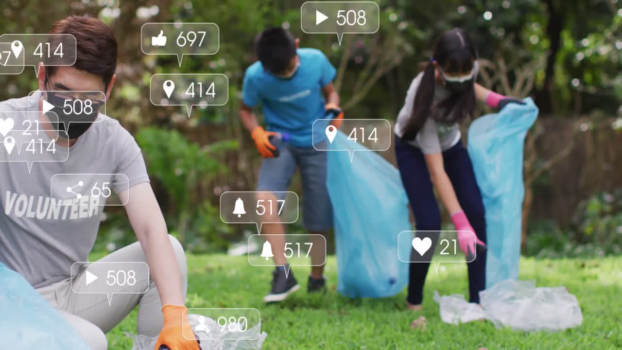 아시아 가족이 밖을 청소하는 소셜 미디어 아이콘과 숫자의 애니메이션