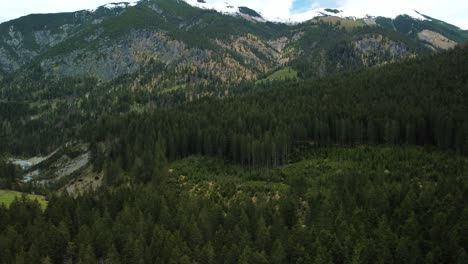 aerial drone flight at scenic ahornboden engtal valley toward the green conifer and fir forests on the mountain tops in the bavarian austrian alps on a cloudy and sunny day along in nature