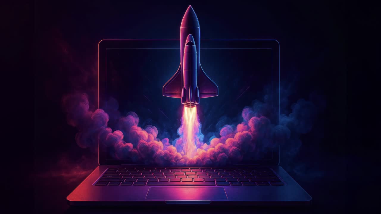 A dynamic video concept showing a rocket launching from a laptop screen