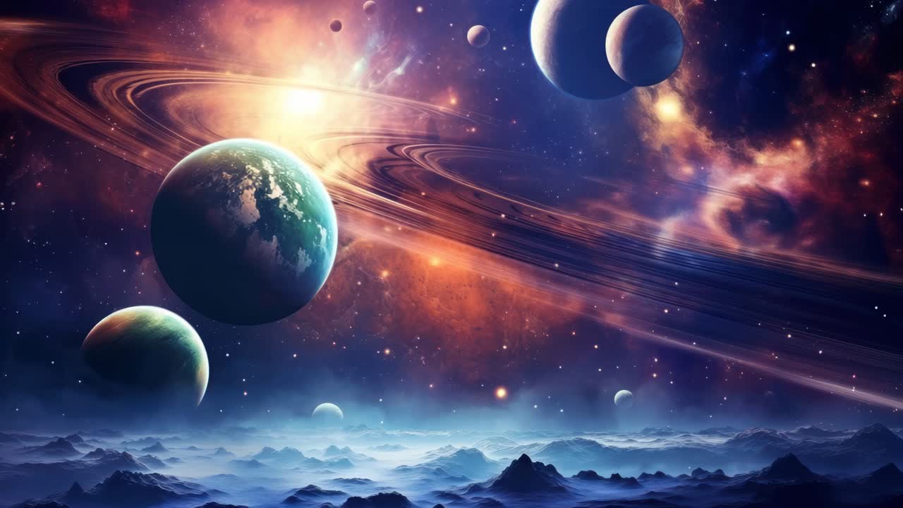A mesmerizing cosmic landscape with planets and rings, viewed from a low angle