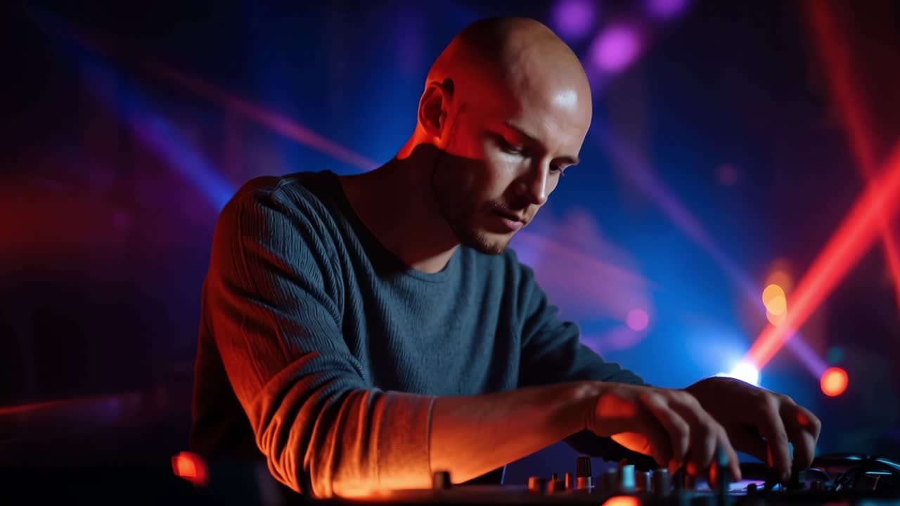 Il DJ si esibisce con intensa concentrazione sotto vivaci luci laser. Le mani si muovono con precisione sui controlli della console di missaggio. Il palco pulsa con dinamici fasci di luce viola e arancione. Ideale per la vita notturna, la musica.