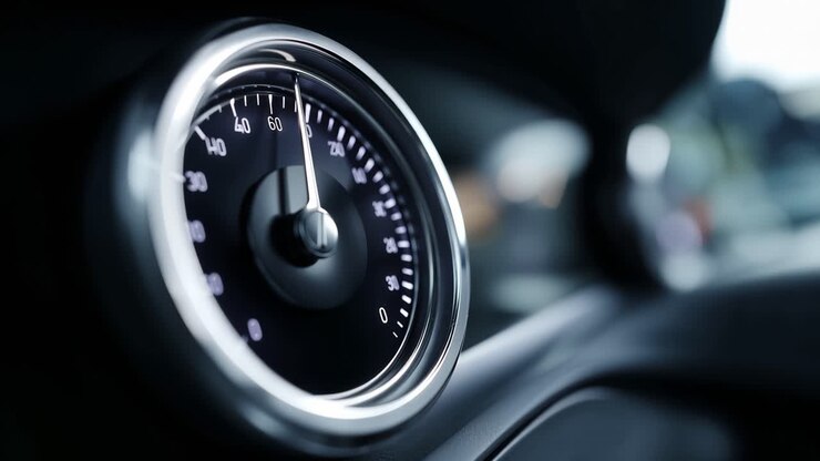 Primo piano della lancetta del tachimetro dell'auto che accelera