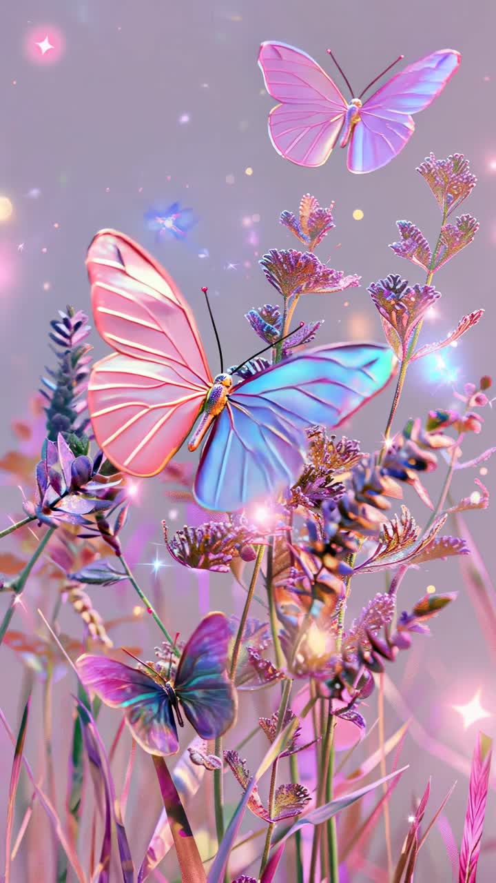 Vibrant butterflies flutter over lavender blooms in a dreamy, pastel-toned scene