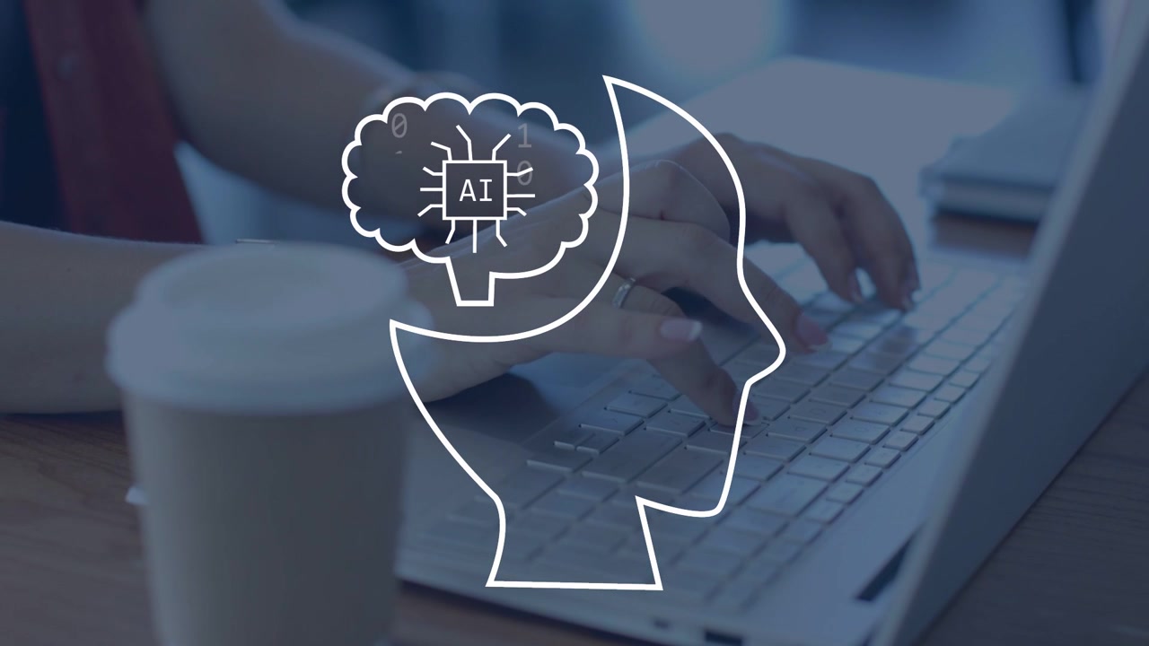 Woman typing at laptop starting AI profile, brain chip appearing, binary flowing over keys for tech