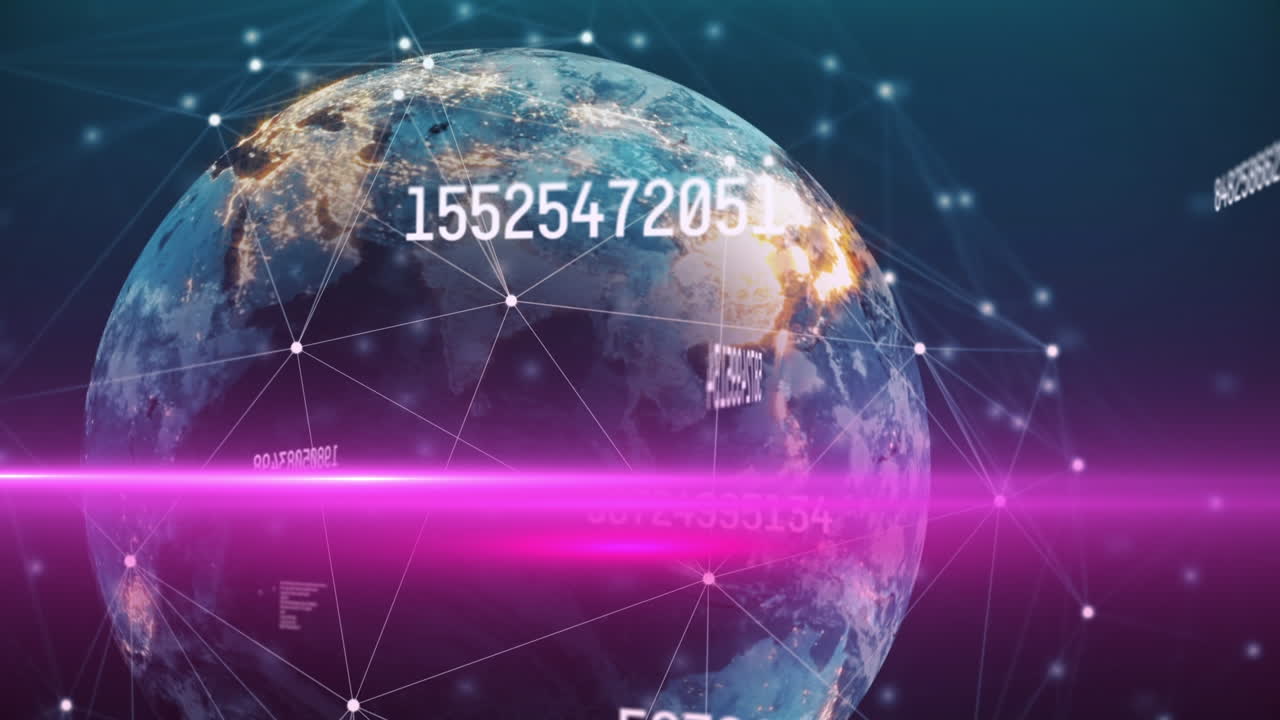animación del globo de la red de conexiones con números y procesamiento de datos