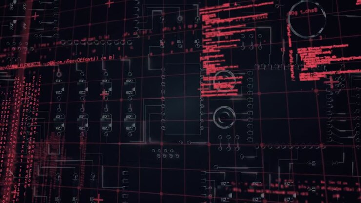 Animation of data processing over integrated circuit in red and black space