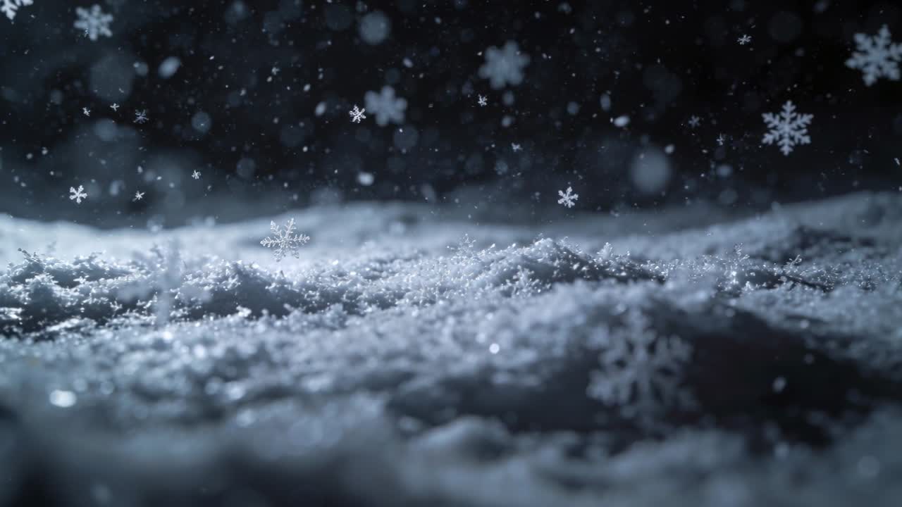 Cambio di messa a fuoco dal basso che rivela la superficie della neve che cattura i fiocchi, con uno scintillio animato che mostra la natura notturna.