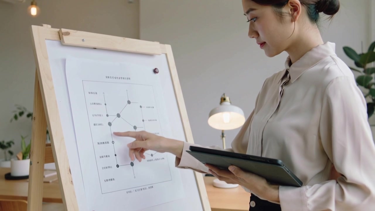 Consulting tablet, woman pointing chart nodes on easel in office, in light blouse and dark trousers