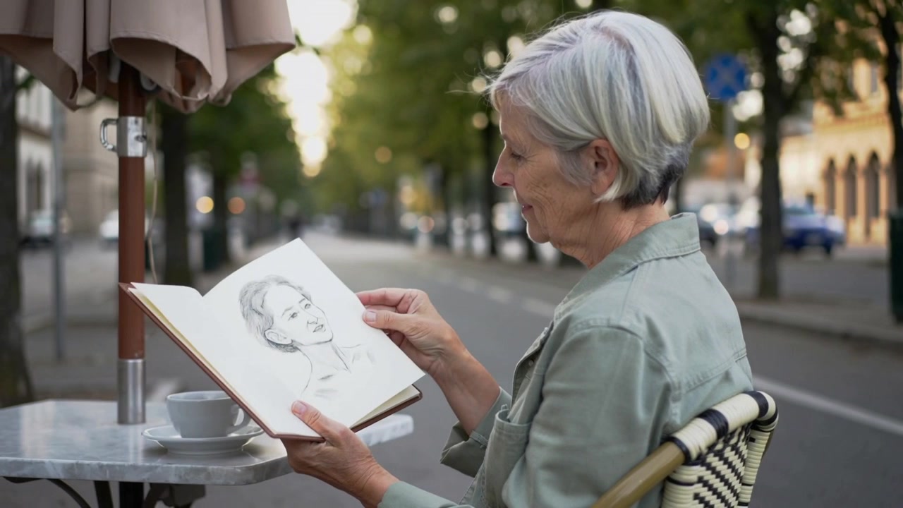 Donna anziana che apre la giacca verde chiaro, sfogliando le pagine di uno sketchbook in un caffè all'aperto, studiando ritratti