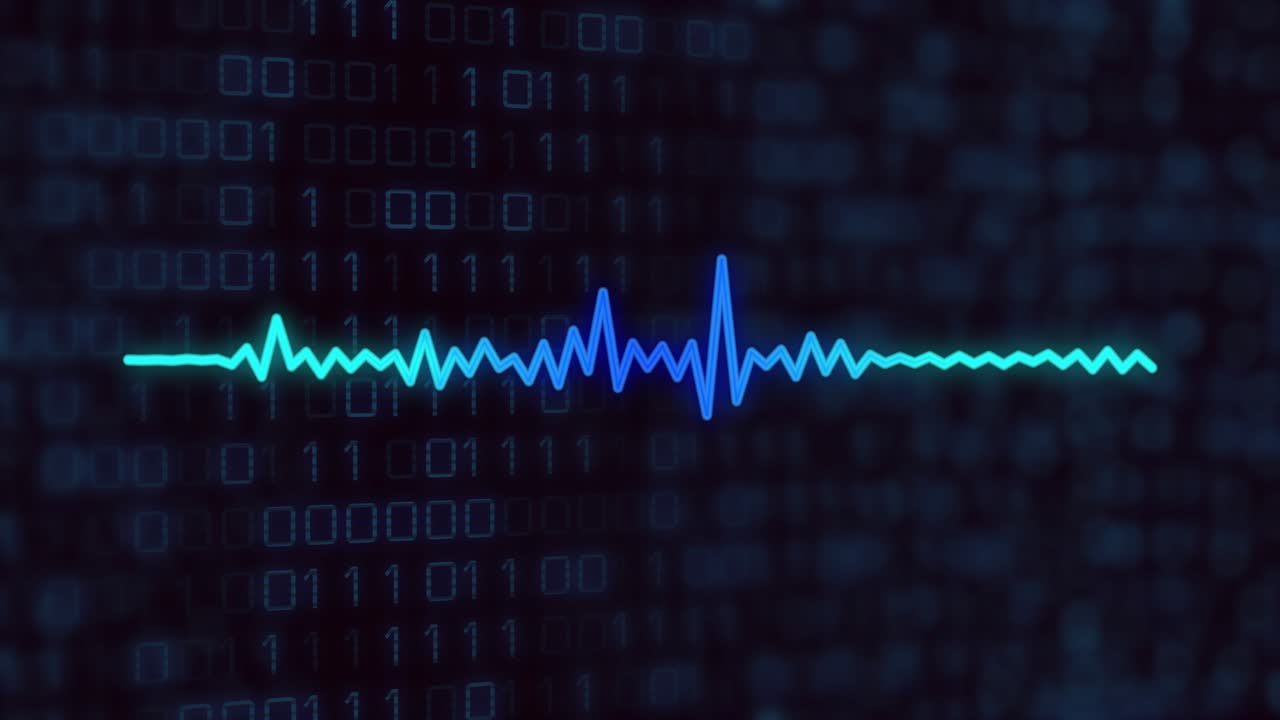 Scene opening with binary code, waveform oscillating, spiking and calming visualizing audio signal