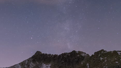 milky way setting behind mountain peaks in guadarrama national park, madrid, spain