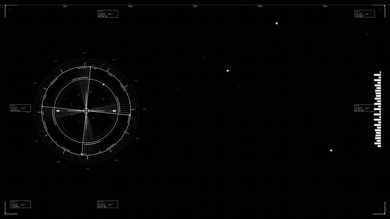 A military graphical user interface displaying data for war scenarios. The scene includes a rotating circular design with various indicators and markers