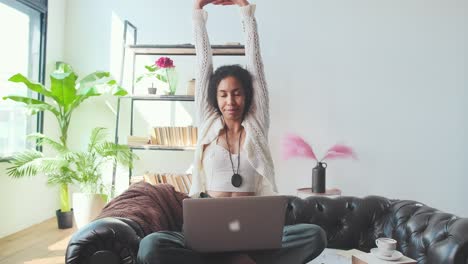 young african american woman freelancer works sits on couch with laptop