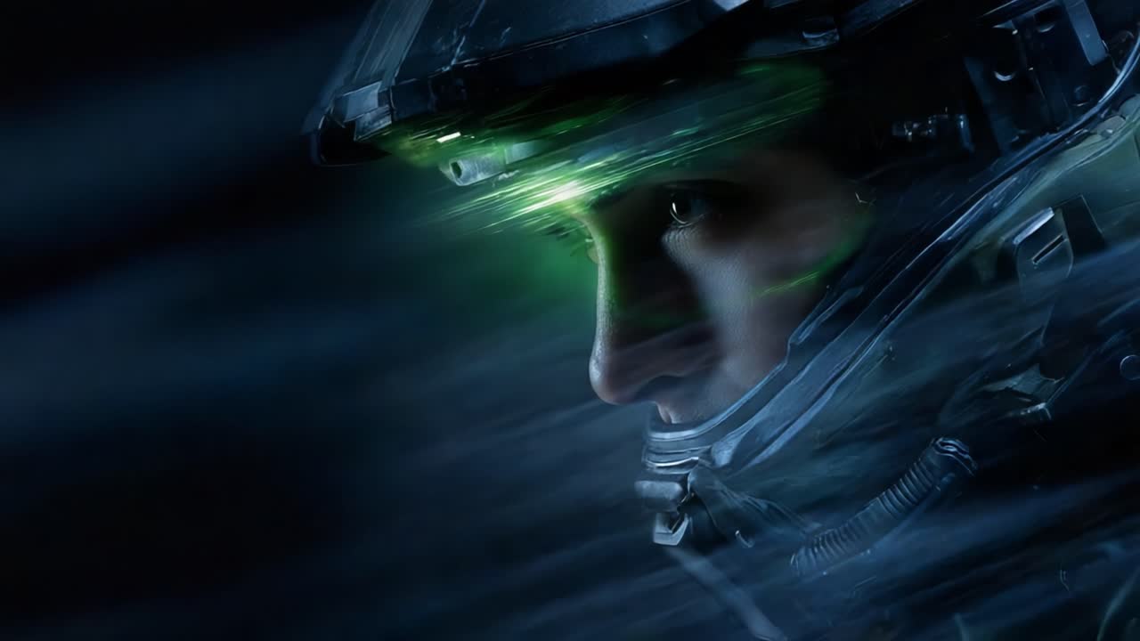 Un guerriero futuristico immortalato in un movimento dinamico, che mette in mostra la tecnologia avanzata del casco e i tratti del viso sorprendenti su uno sfondo misterioso