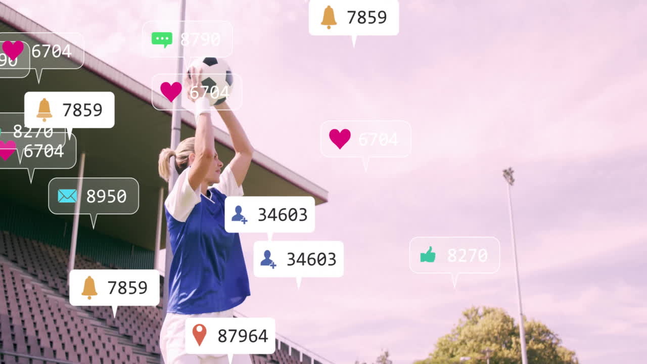 Throwing ball, soccer player with animation of social media notifications overlaying