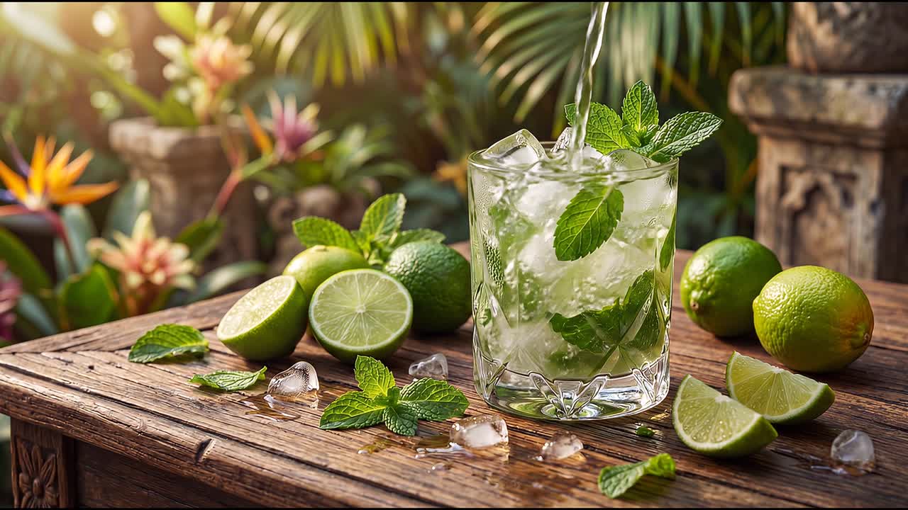 Lähikuva mojito-drinkistä limelohkojen, mintunlehtien ja sulavien jääpalojen kera puupöydällä kirkkaassa auringonvalossa.