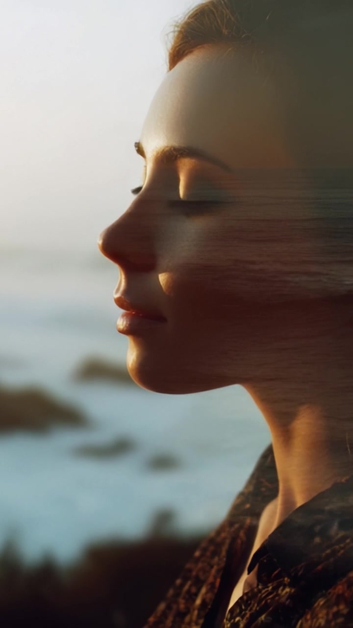 A serene profile of a young woman in a tranquil setting, embodying peace and connection with nature, blending her features with a gentle ocean landscape.