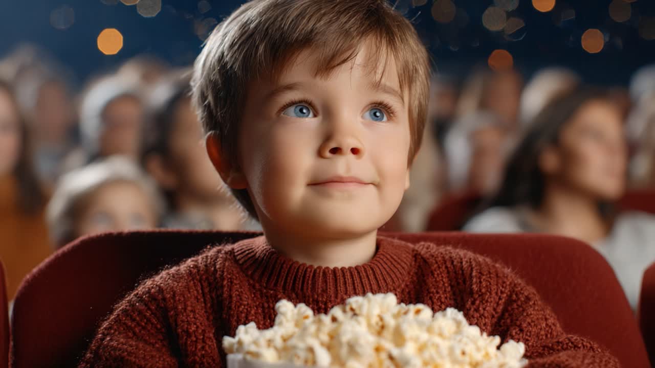 A Young Boy Enjoys a Magical Movie Experience, Enthralled by the Big Screen While Holding a Large Bowl of Popcorn Surrounded by an Engaged Audience