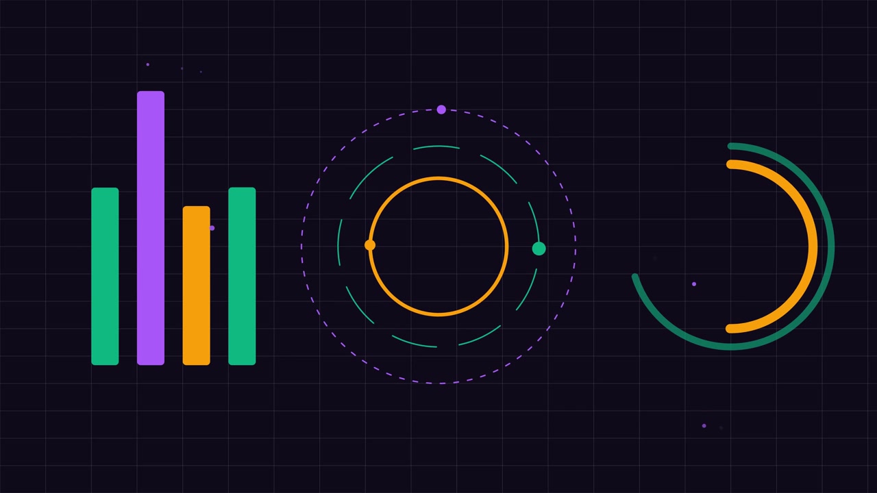 Cruscotto animato di visualizzazione dati con grafici a barre e indicatori di progresso circolari