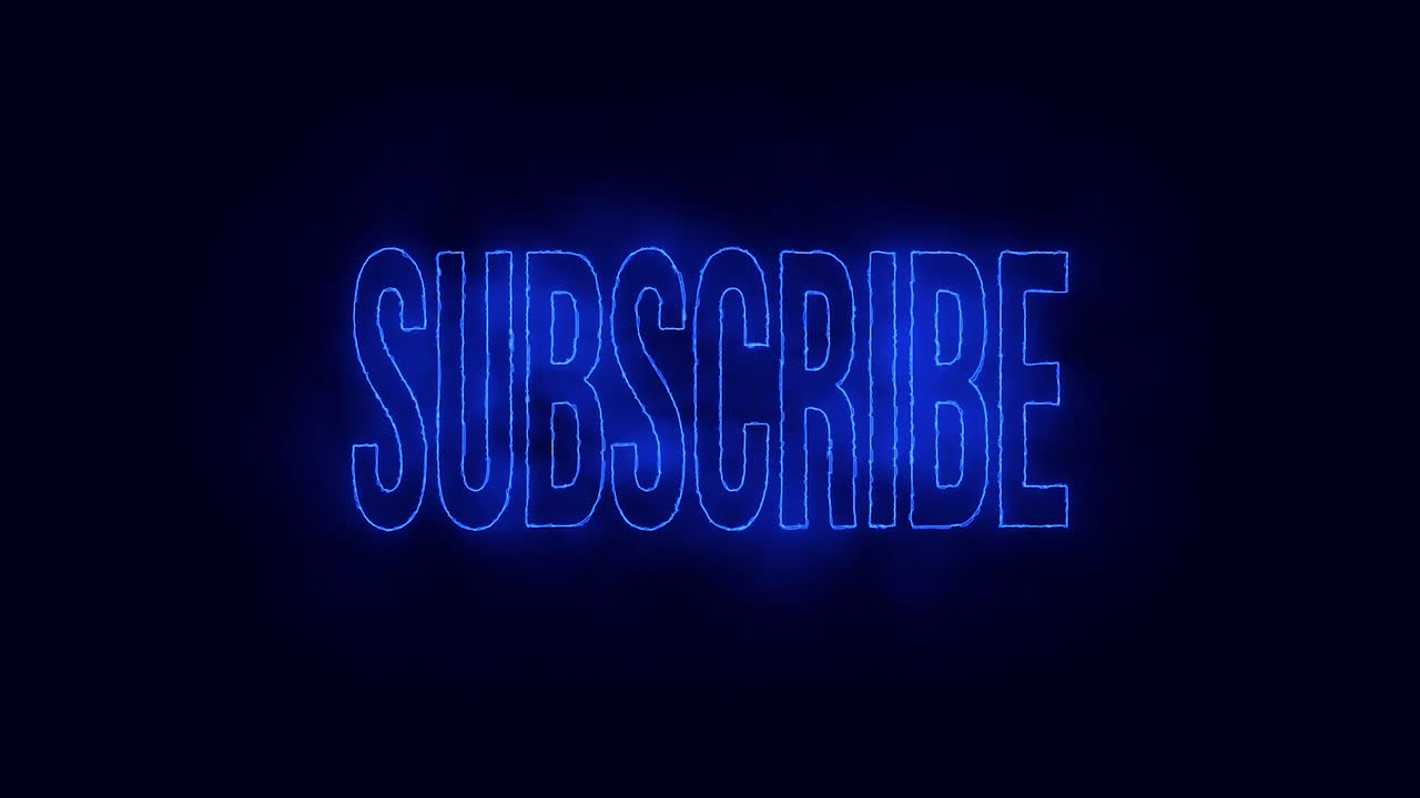 Colorful blue and vibrant colored SUBSCRIBE text revealing and writing out on a dark blue and black background animation for social media content creators. Glowing text in bebas neue font appearing.