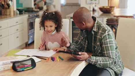 father helping daughter with homework using a tablet