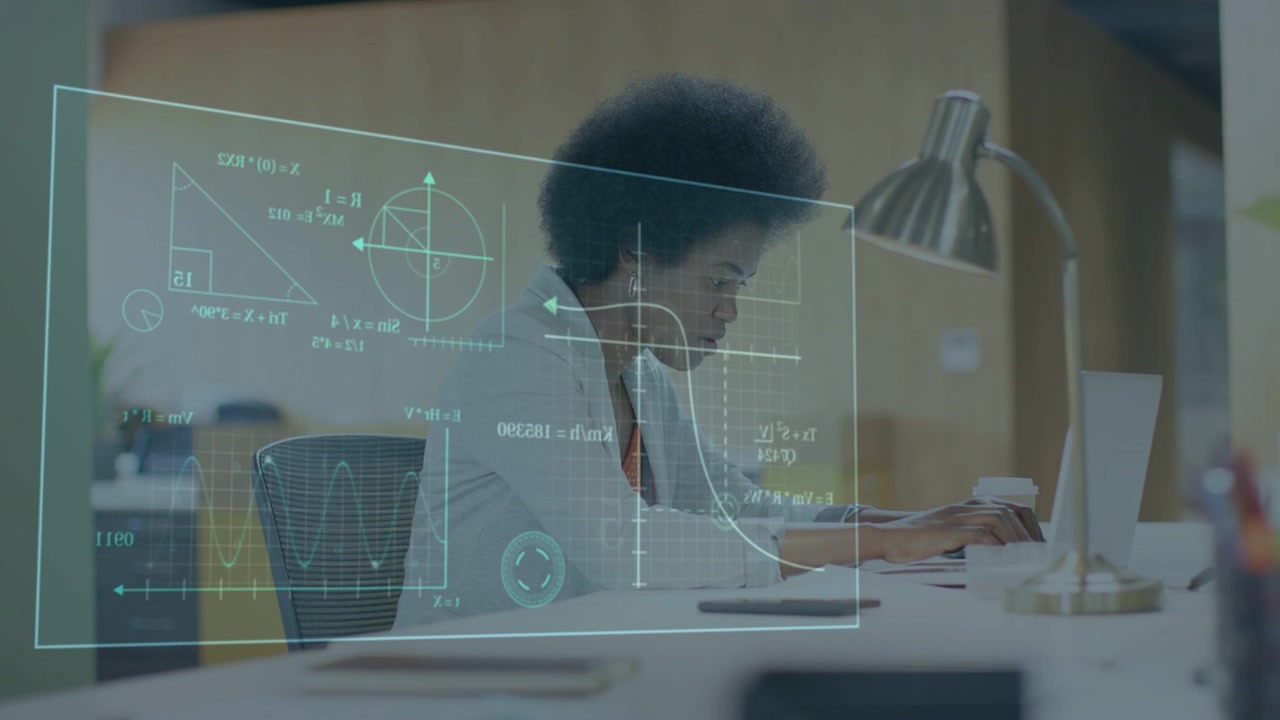 Woman checking wrist, hologram appearing with graphs, typing and analyzing business data