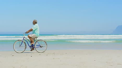 side view of active senior african american man riding bicycle on beach in the sunshine 4k