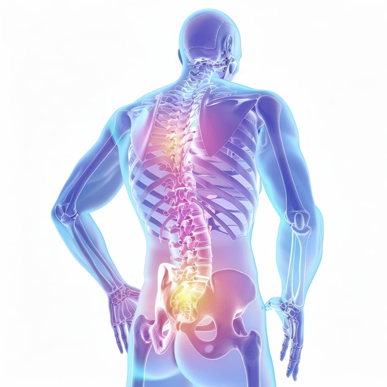 A digital illustration of a human skeleton and spine, viewed from a rear angle, highlighting pain