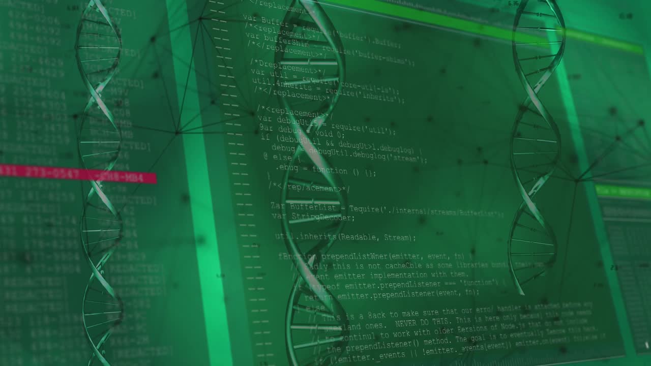 animación de adn girando sobre datos, líneas y formas en fondo verde