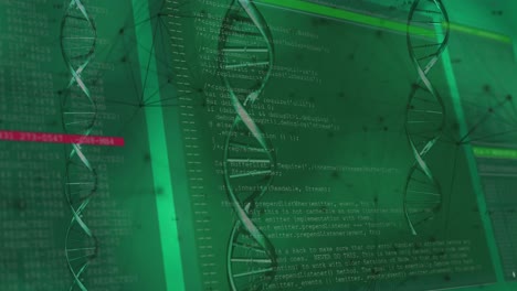 Animation-of-dna-rotating-over-data,-lines-and-shapes-on-green-background