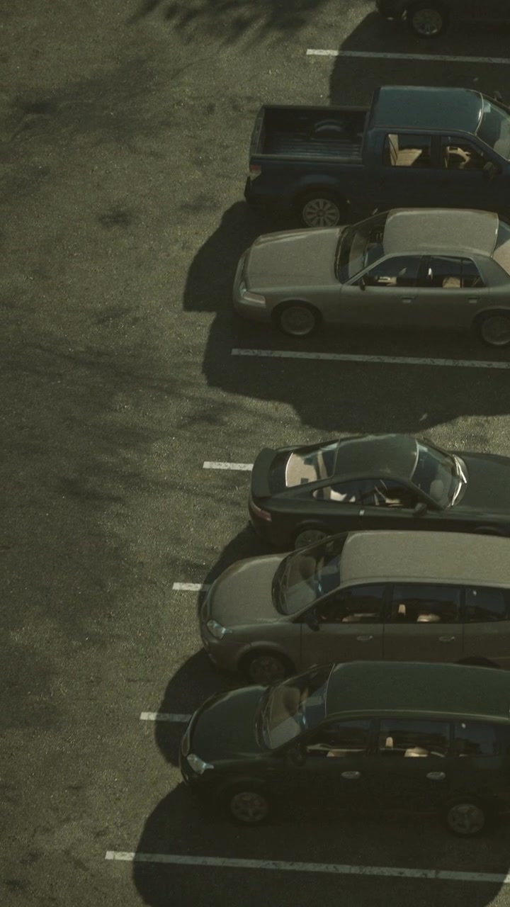 Biler parkeret på en parkeringsplads om dagen med nogle skygger.