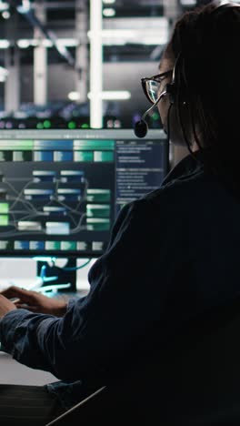 vertical video data center employee uses audio headset to troubleshoot client reported issues