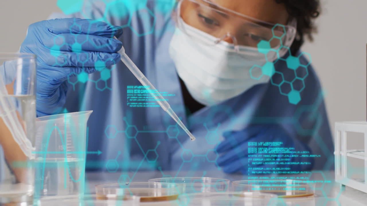 female scientist pipetting into petri dishes, floating hexagon code chart overlays in science