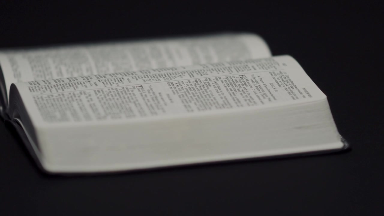 Open Holy Bible with Pages Spread on a Dark Background