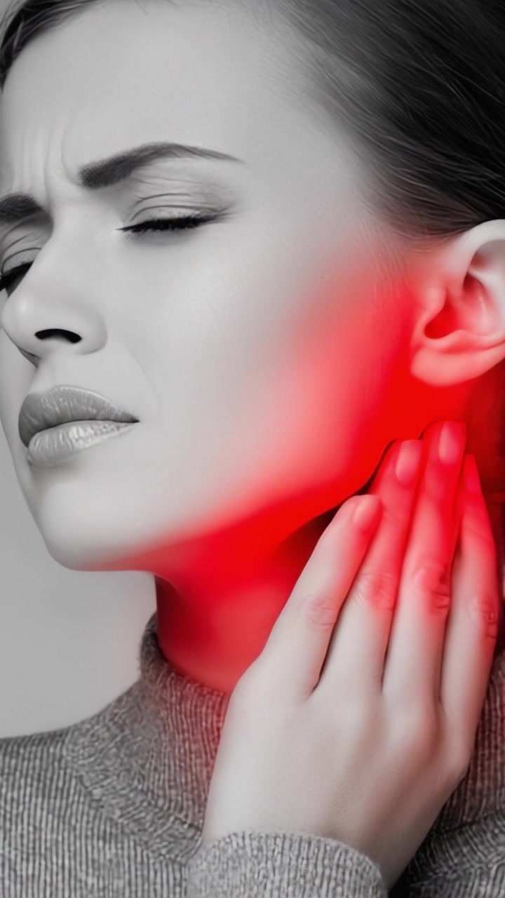 Ritratto emotivo di una donna che si tiene il collo, catturando il dolore e la tensione in un suggestivo bianco e nero con un tocco di luce rossa