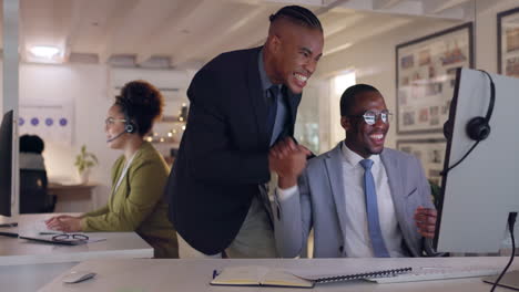 call center, handshake and applause of business