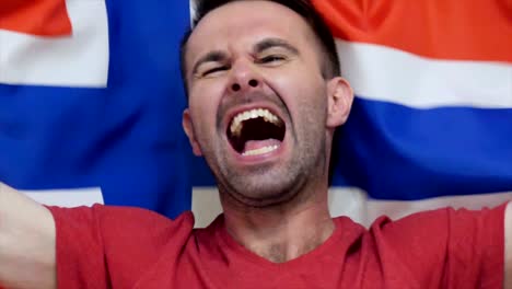 un aficionado noruego celebra sosteniendo la bandera de noruega en cámara lenta,4k, de alta calidad