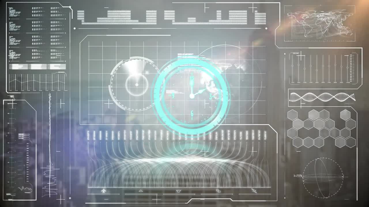 Neon blue digital clock ticking against digital interface with data processing on black background