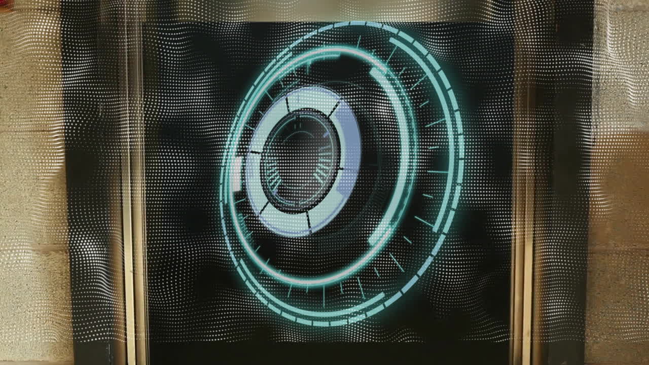 holographic circular interface projecting onto panel, showing concentric rings glowing teal grid