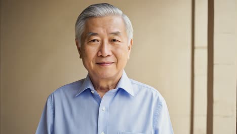 mature asian businessman with grey hair and light blue shirt standing confidently, radiating wisdom and experience while posing for a studio portrait against soft background
