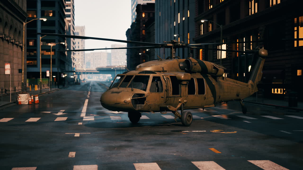 도시 거리에서 군사 헬리터