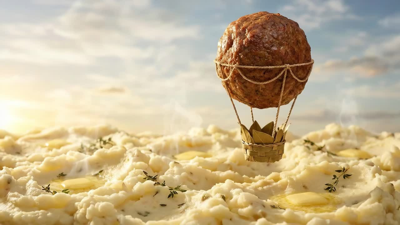 Mongolfiera a forma di polpetta sopra il purè di patate