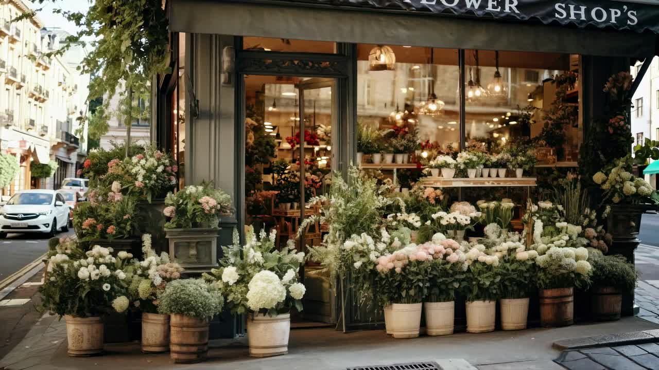 Charming street-level video angle of a quaint flower shop, showcasing lush floral displays